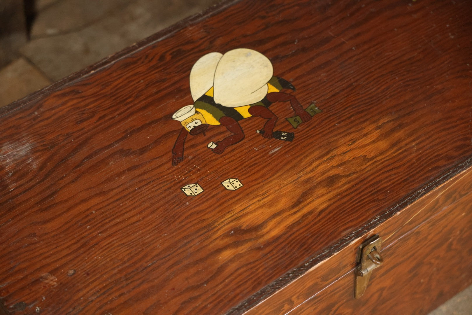 Vintage Military Style Trench Art Foot Locker With Hand Painted Drunken, Gambling Bee Mascot, Possibly Related To The Seabees, Navy, Folk Art As Found