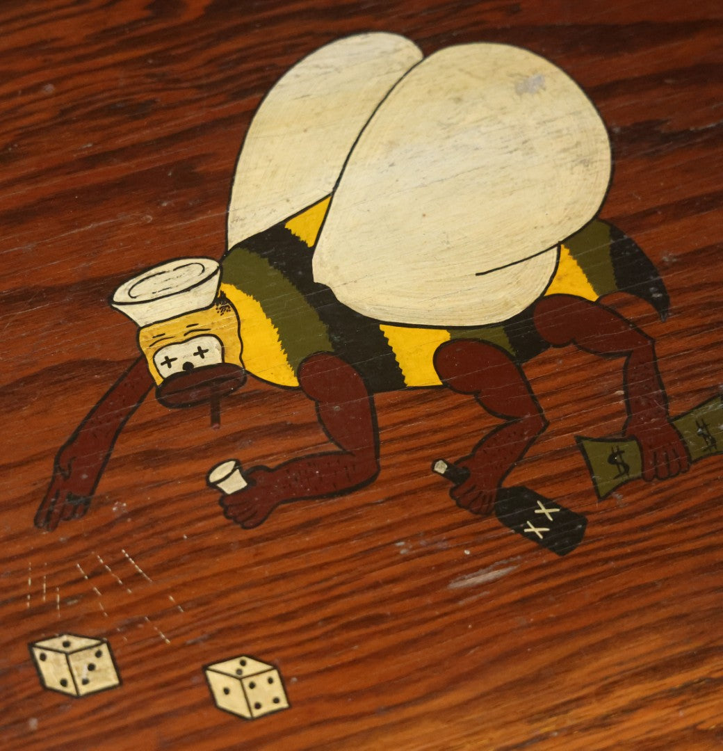 Vintage Military Style Trench Art Foot Locker With Hand Painted Drunken, Gambling Bee Mascot, Possibly Related To The Seabees, Navy, Folk Art As Found