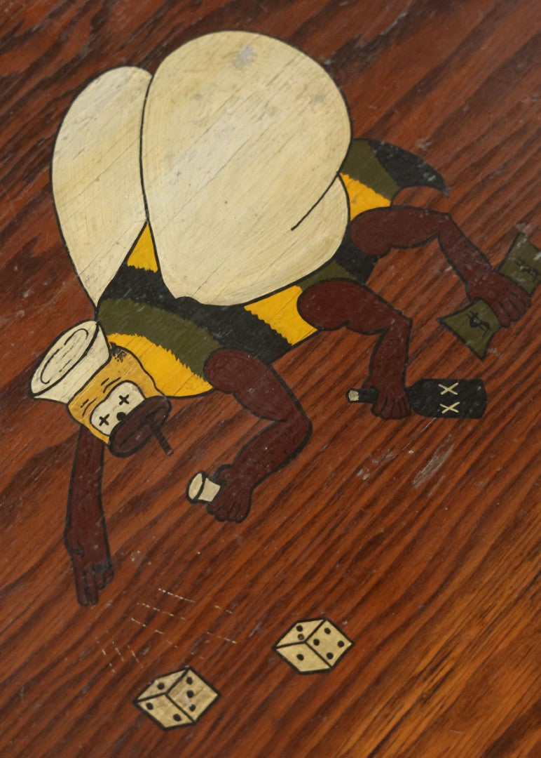 Vintage Military Style Trench Art Foot Locker With Hand Painted Drunken, Gambling Bee Mascot, Possibly Related To The Seabees, Navy, Folk Art As Found