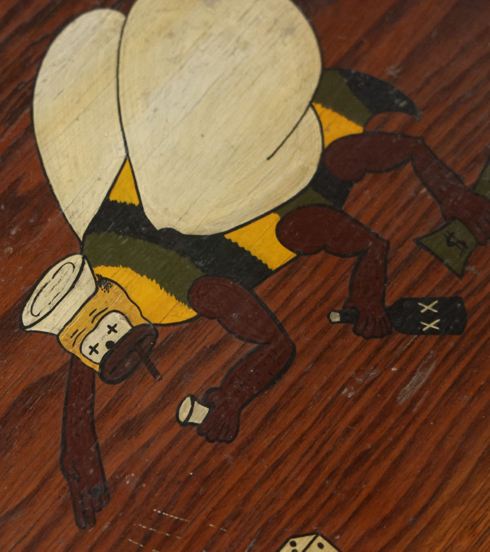 Vintage Military Style Trench Art Foot Locker With Hand Painted Drunken, Gambling Bee Mascot, Possibly Related To The Seabees, Navy, Folk Art As Found