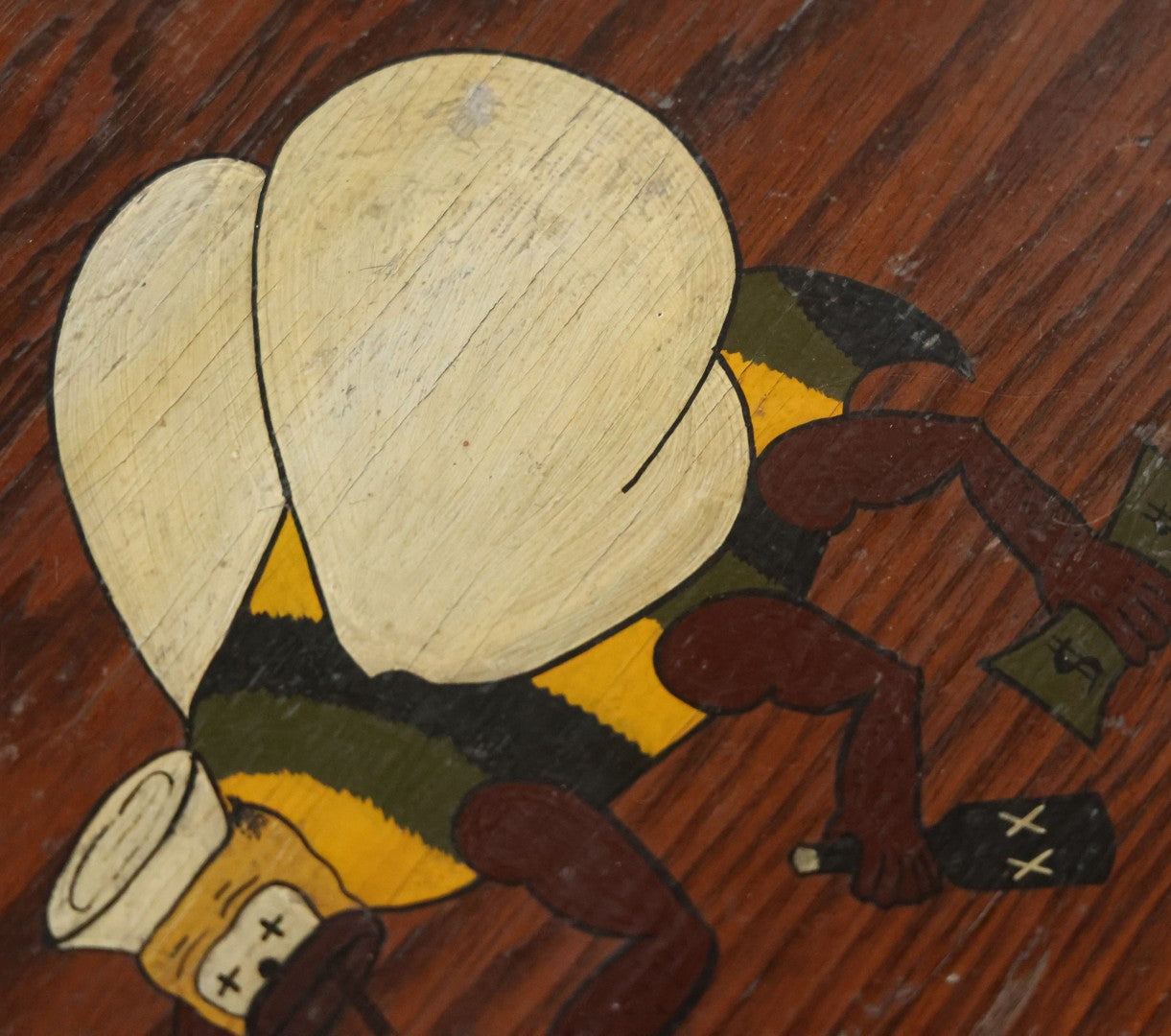 Vintage Military Style Trench Art Foot Locker With Hand Painted Drunken, Gambling Bee Mascot, Possibly Related To The Seabees, Navy, Folk Art As Found