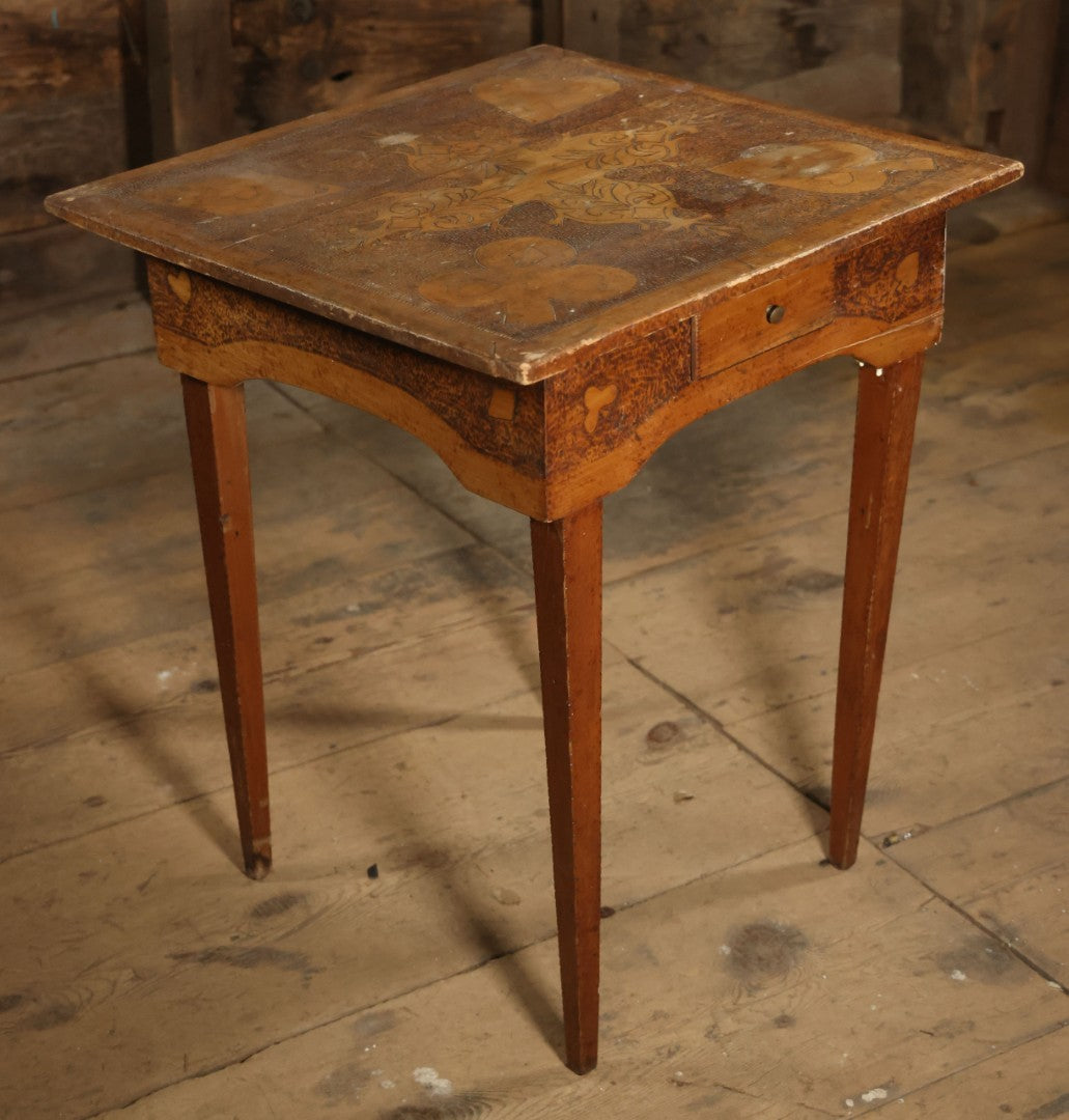 Antique Pyrography Wood Burned Flemish Art Card Table, Gambling Table, With Playing Card Suits Motif, One Drawer, Tapered Legs