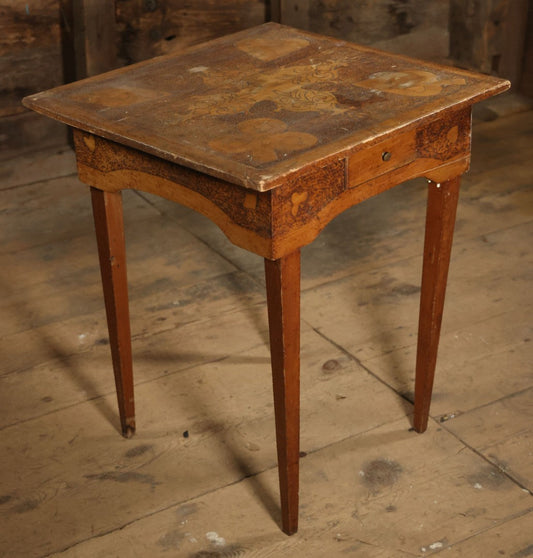 Antique Pyrography Wood Burned Flemish Art Card Table, Gambling Table, With Playing Card Suits Motif, One Drawer, Tapered Legs