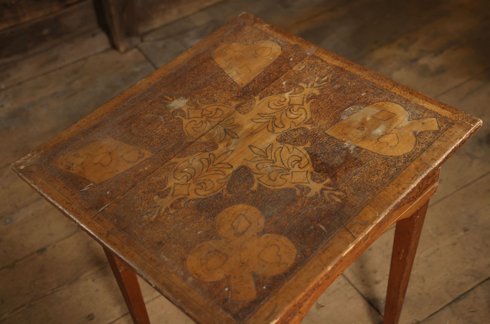 Antique Pyrography Wood Burned Flemish Art Card Table, Gambling Table, With Playing Card Suits Motif, One Drawer, Tapered Legs