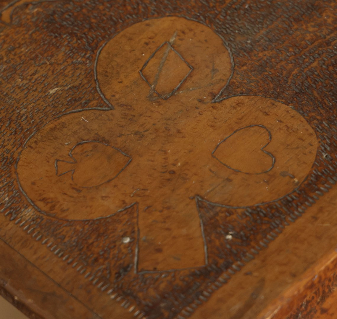 Antique Pyrography Wood Burned Flemish Art Card Table, Gambling Table, With Playing Card Suits Motif, One Drawer, Tapered Legs