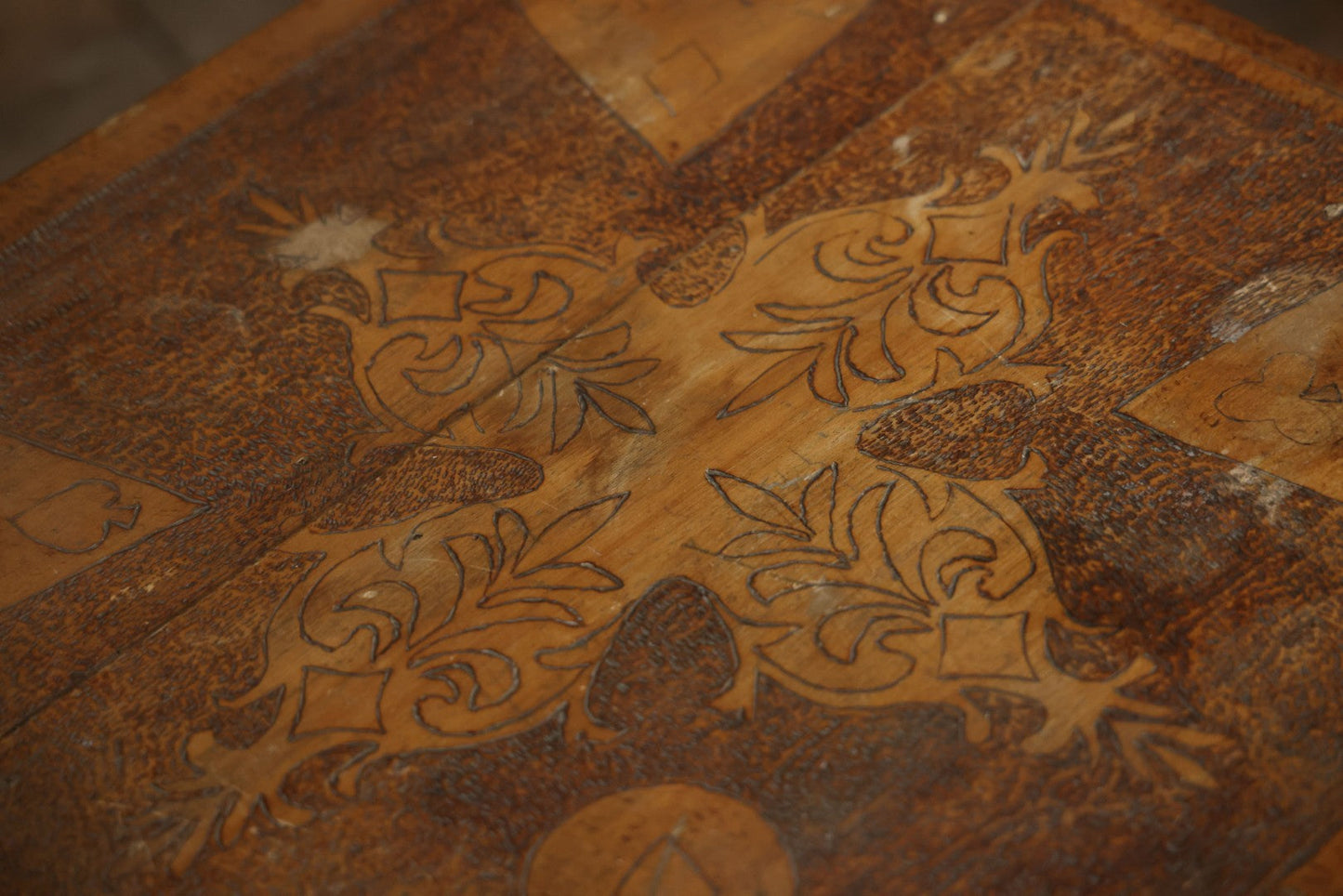 Antique Pyrography Wood Burned Flemish Art Card Table, Gambling Table, With Playing Card Suits Motif, One Drawer, Tapered Legs