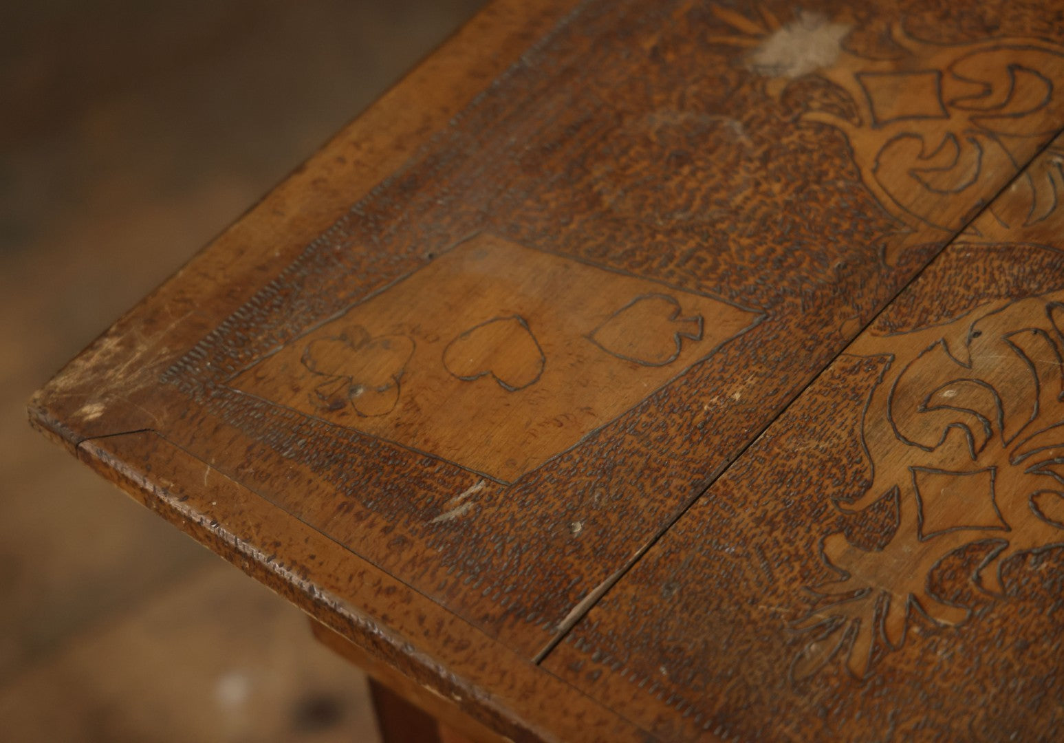 Antique Pyrography Wood Burned Flemish Art Card Table, Gambling Table, With Playing Card Suits Motif, One Drawer, Tapered Legs