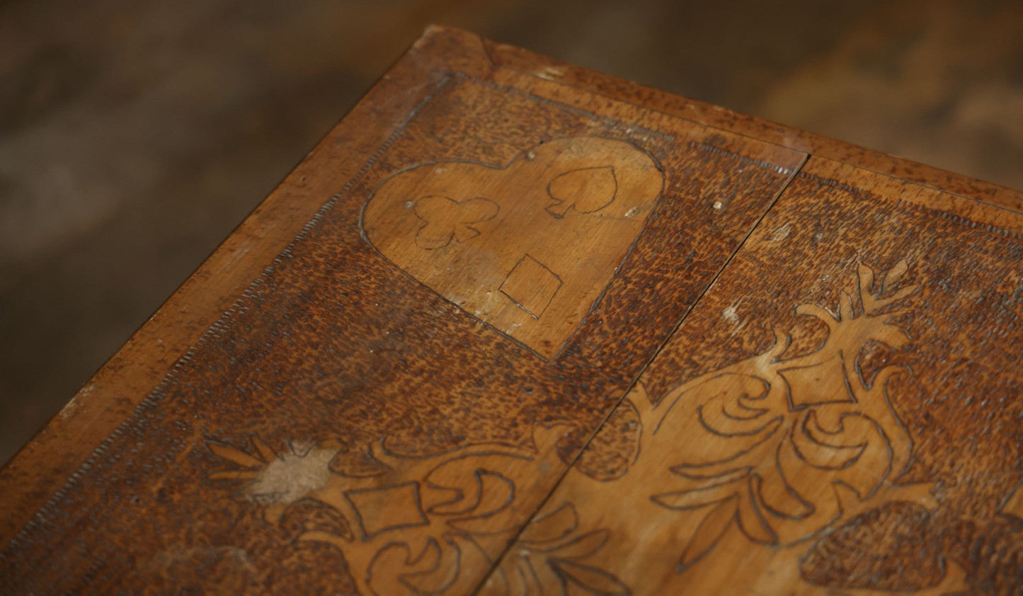 Antique Pyrography Wood Burned Flemish Art Card Table, Gambling Table, With Playing Card Suits Motif, One Drawer, Tapered Legs