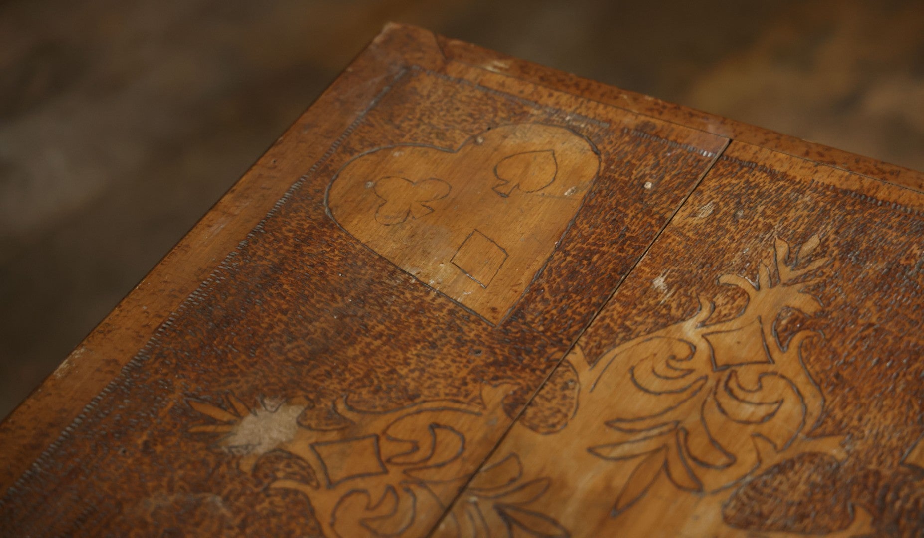 Antique Pyrography Wood Burned Flemish Art Card Table, Gambling Table, With Playing Card Suits Motif, One Drawer, Tapered Legs
