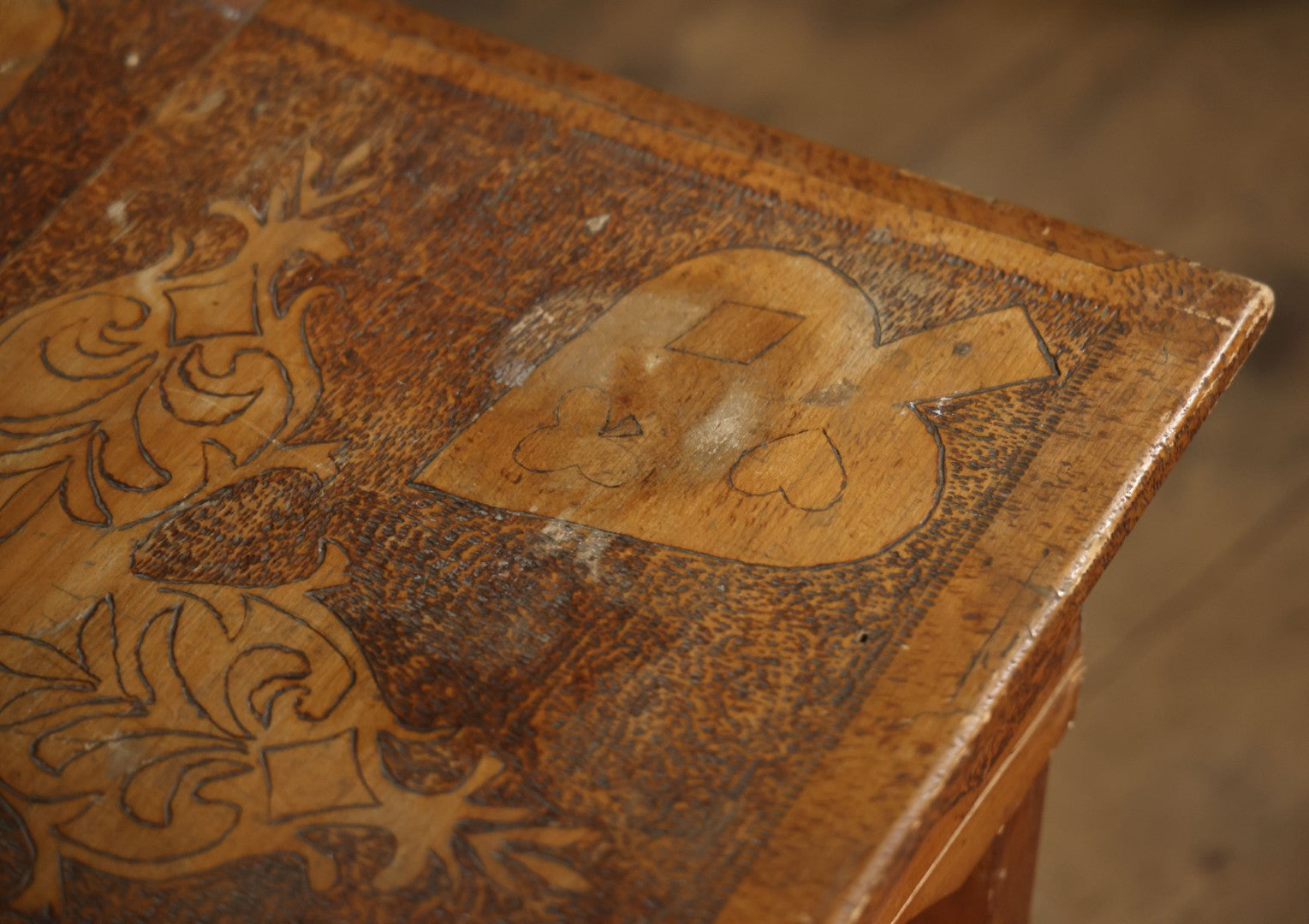Antique Pyrography Wood Burned Flemish Art Card Table, Gambling Table, With Playing Card Suits Motif, One Drawer, Tapered Legs