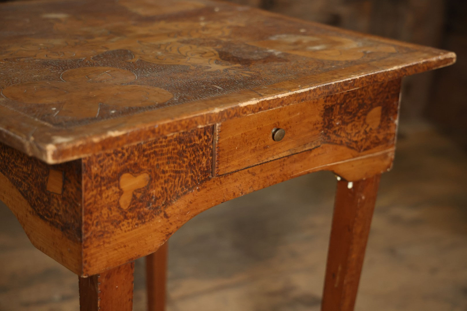 Antique Pyrography Wood Burned Flemish Art Card Table, Gambling Table, With Playing Card Suits Motif, One Drawer, Tapered Legs