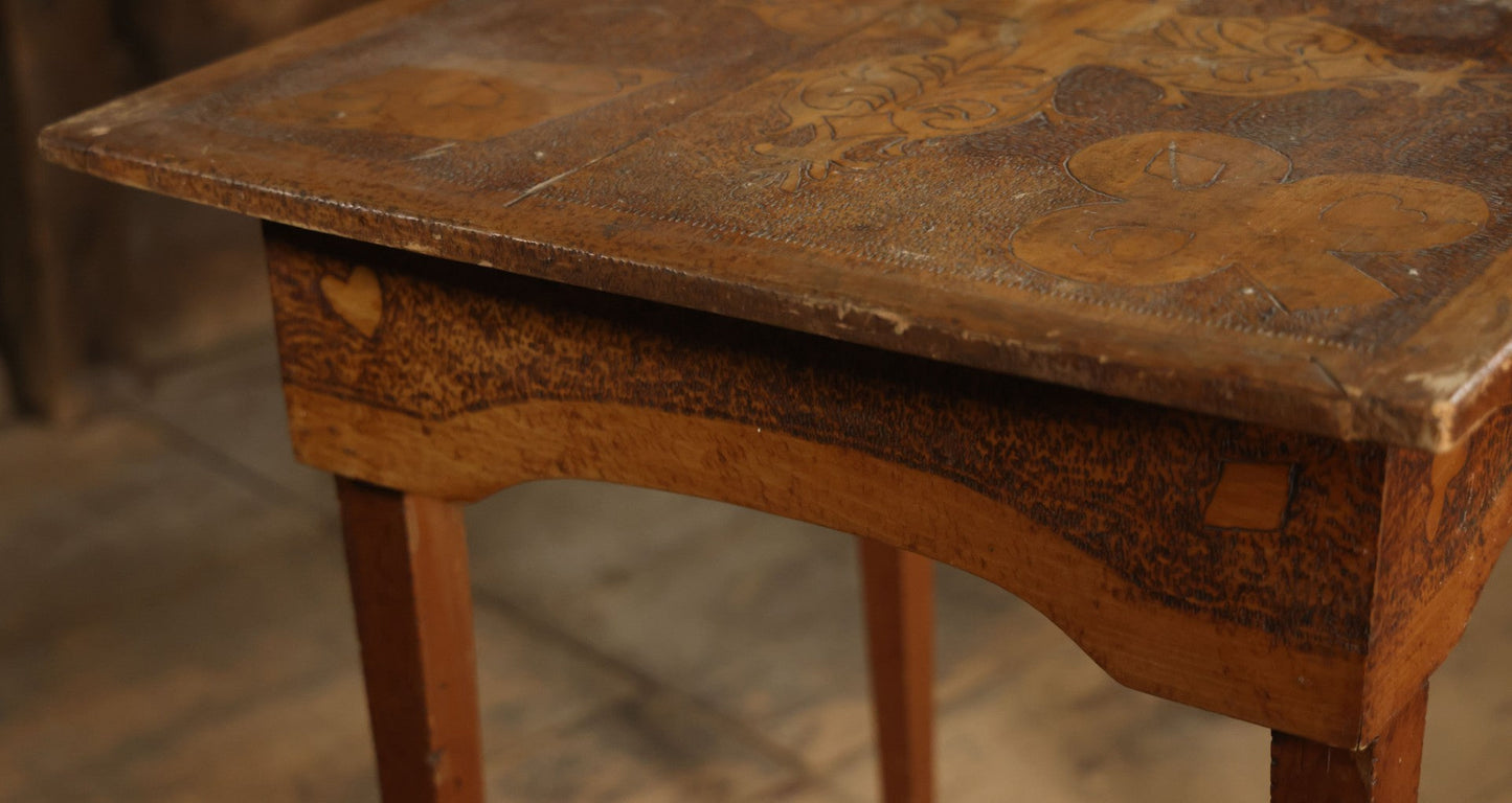 Antique Pyrography Wood Burned Flemish Art Card Table, Gambling Table, With Playing Card Suits Motif, One Drawer, Tapered Legs
