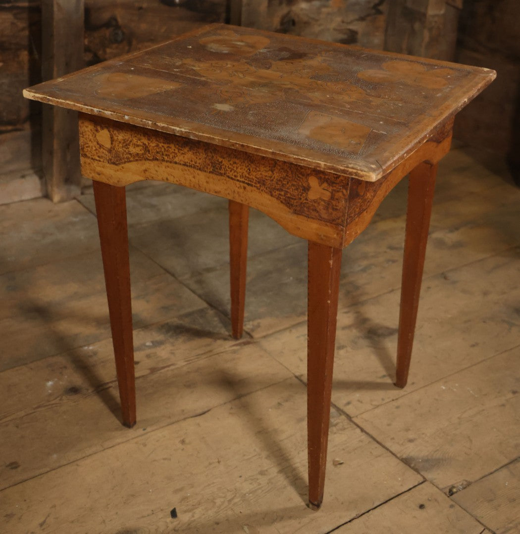 Antique Pyrography Wood Burned Flemish Art Card Table, Gambling Table, With Playing Card Suits Motif, One Drawer, Tapered Legs