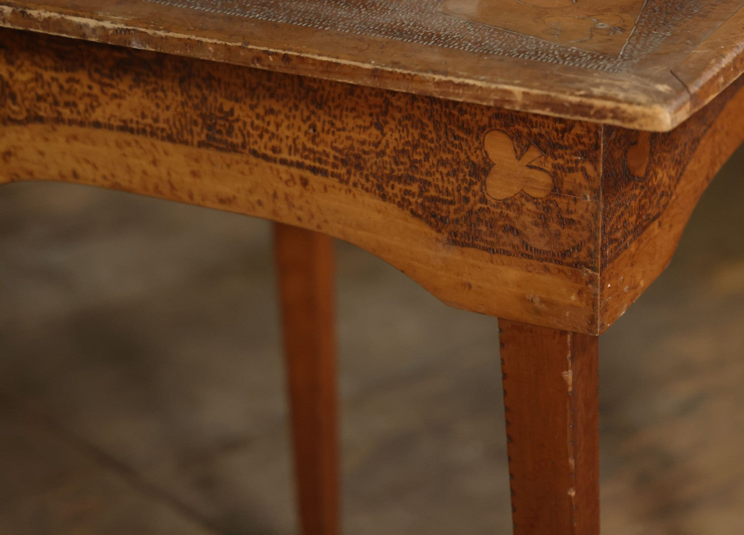 Antique Pyrography Wood Burned Flemish Art Card Table, Gambling Table, With Playing Card Suits Motif, One Drawer, Tapered Legs