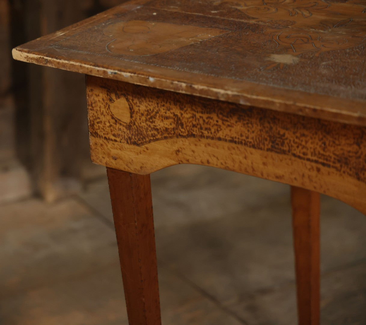 Antique Pyrography Wood Burned Flemish Art Card Table, Gambling Table, With Playing Card Suits Motif, One Drawer, Tapered Legs