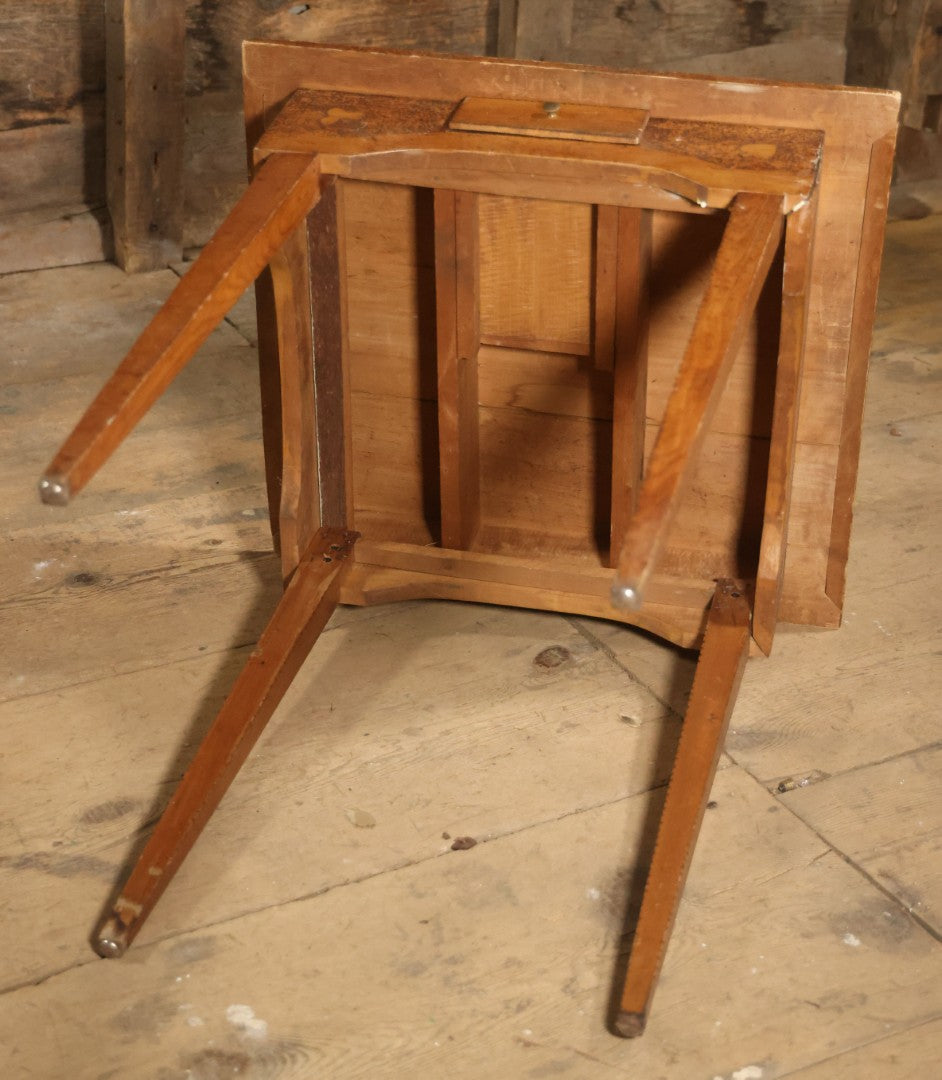 Antique Pyrography Wood Burned Flemish Art Card Table, Gambling Table, With Playing Card Suits Motif, One Drawer, Tapered Legs
