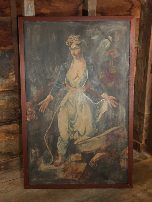Oversized Oil On Canvas Folk Art Academic Allegorical Painting, After "Greece On The Ruins Of Missolonghi" (1826) By By French Painter Eugène Delacroix, In Custom Made Frame, Note Heavy Wear. 40-1/8" x 61-5/8"