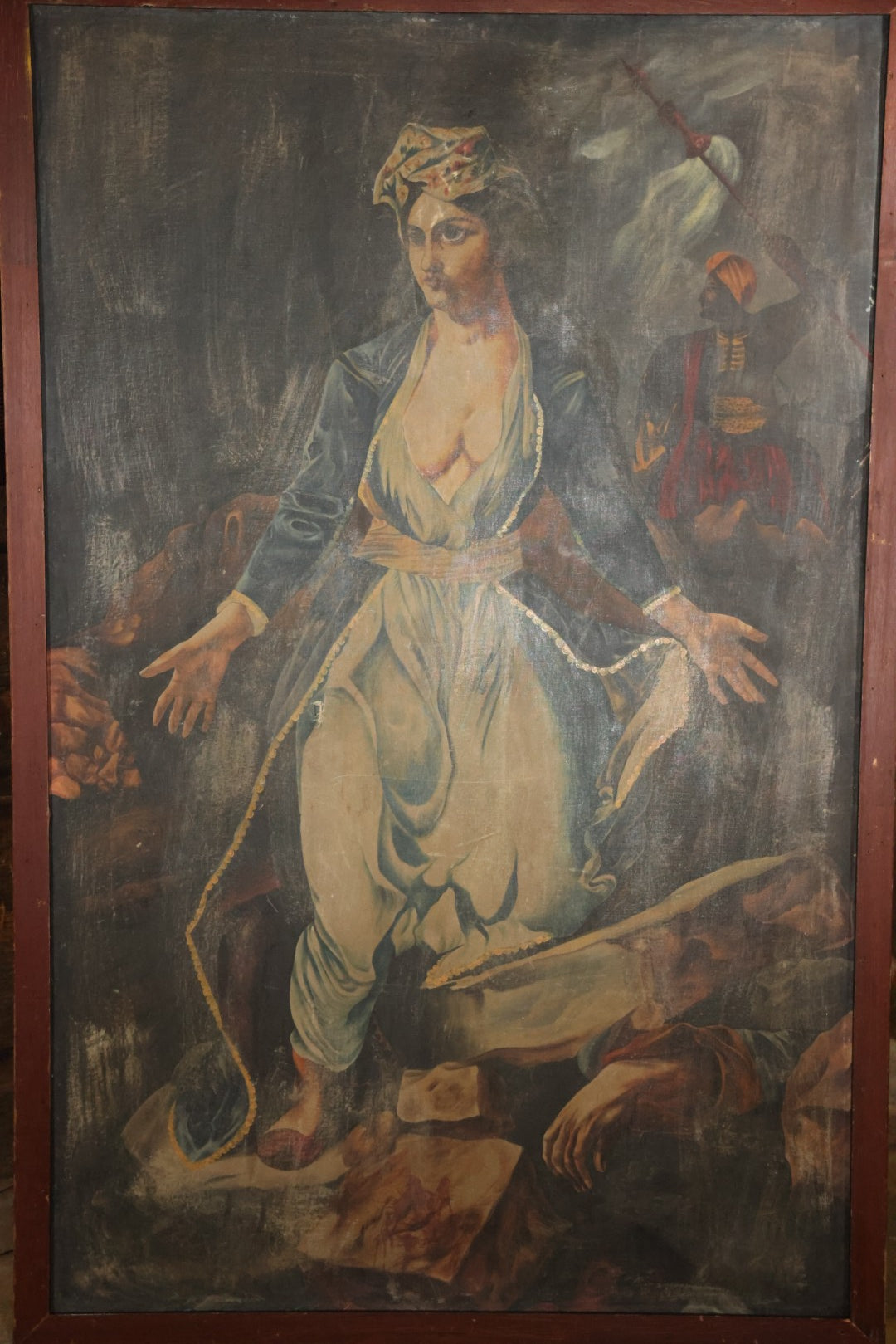 Oversized Oil On Canvas Folk Art Academic Allegorical Painting, After "Greece On The Ruins Of Missolonghi" (1826) By By French Painter Eugène Delacroix, In Custom Made Frame, Note Heavy Wear. 40-1/8" x 61-5/8"