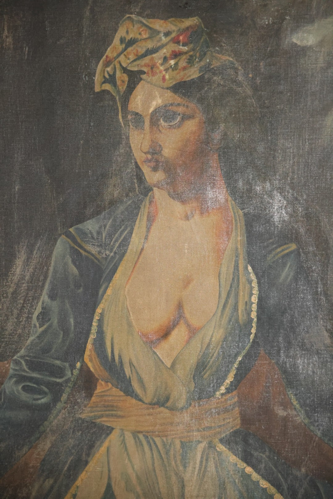 Oversized Oil On Canvas Folk Art Academic Allegorical Painting, After "Greece On The Ruins Of Missolonghi" (1826) By By French Painter Eugène Delacroix, In Custom Made Frame, Note Heavy Wear. 40-1/8" x 61-5/8"