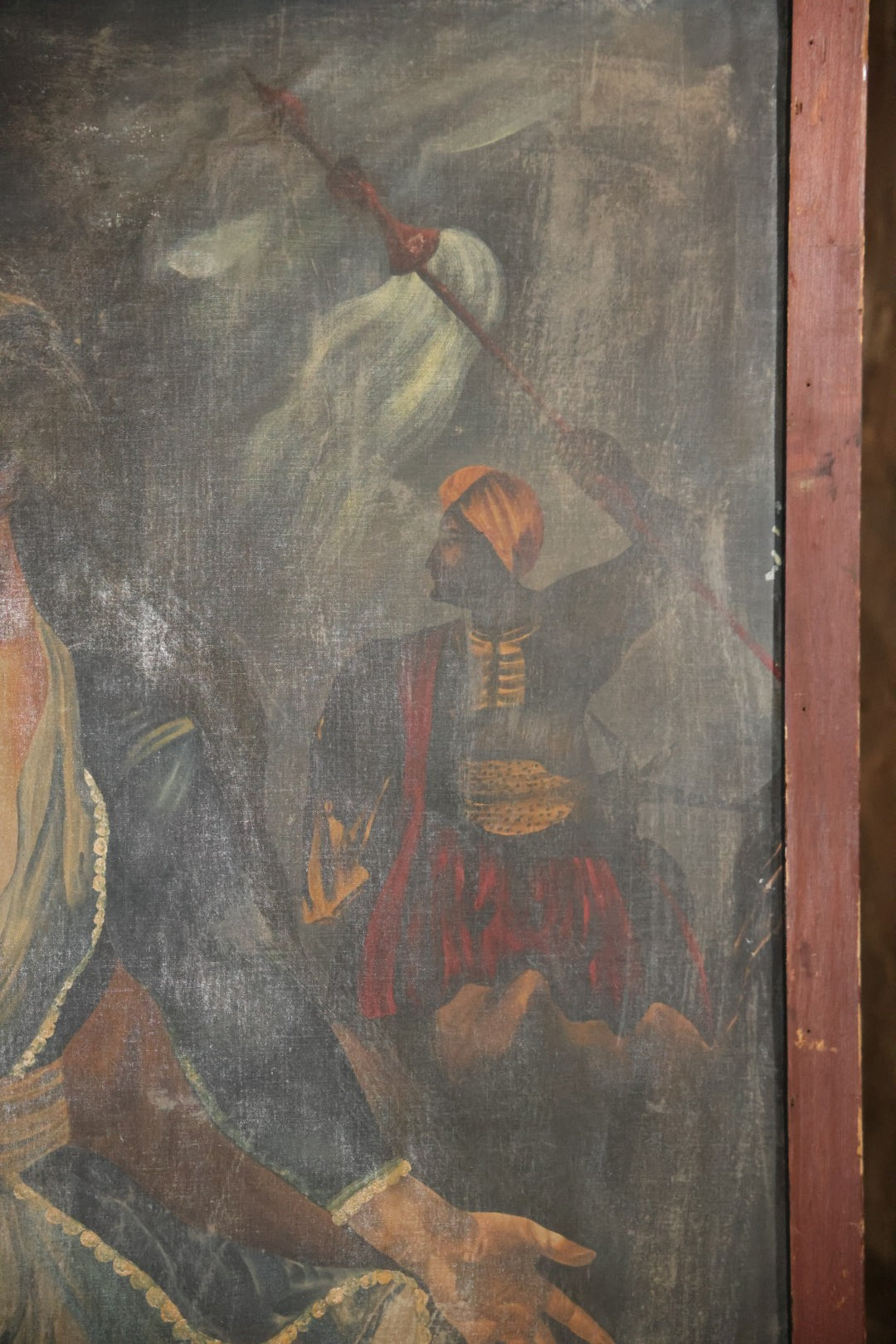 Oversized Oil On Canvas Folk Art Academic Allegorical Painting, After "Greece On The Ruins Of Missolonghi" (1826) By By French Painter Eugène Delacroix, In Custom Made Frame, Note Heavy Wear. 40-1/8" x 61-5/8"