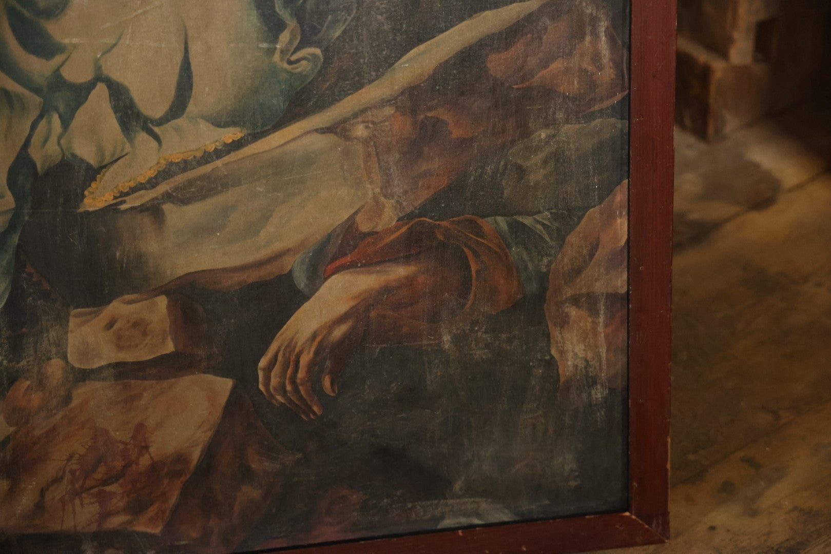 Oversized Oil On Canvas Folk Art Academic Allegorical Painting, After "Greece On The Ruins Of Missolonghi" (1826) By By French Painter Eugène Delacroix, In Custom Made Frame, Note Heavy Wear. 40-1/8" x 61-5/8"