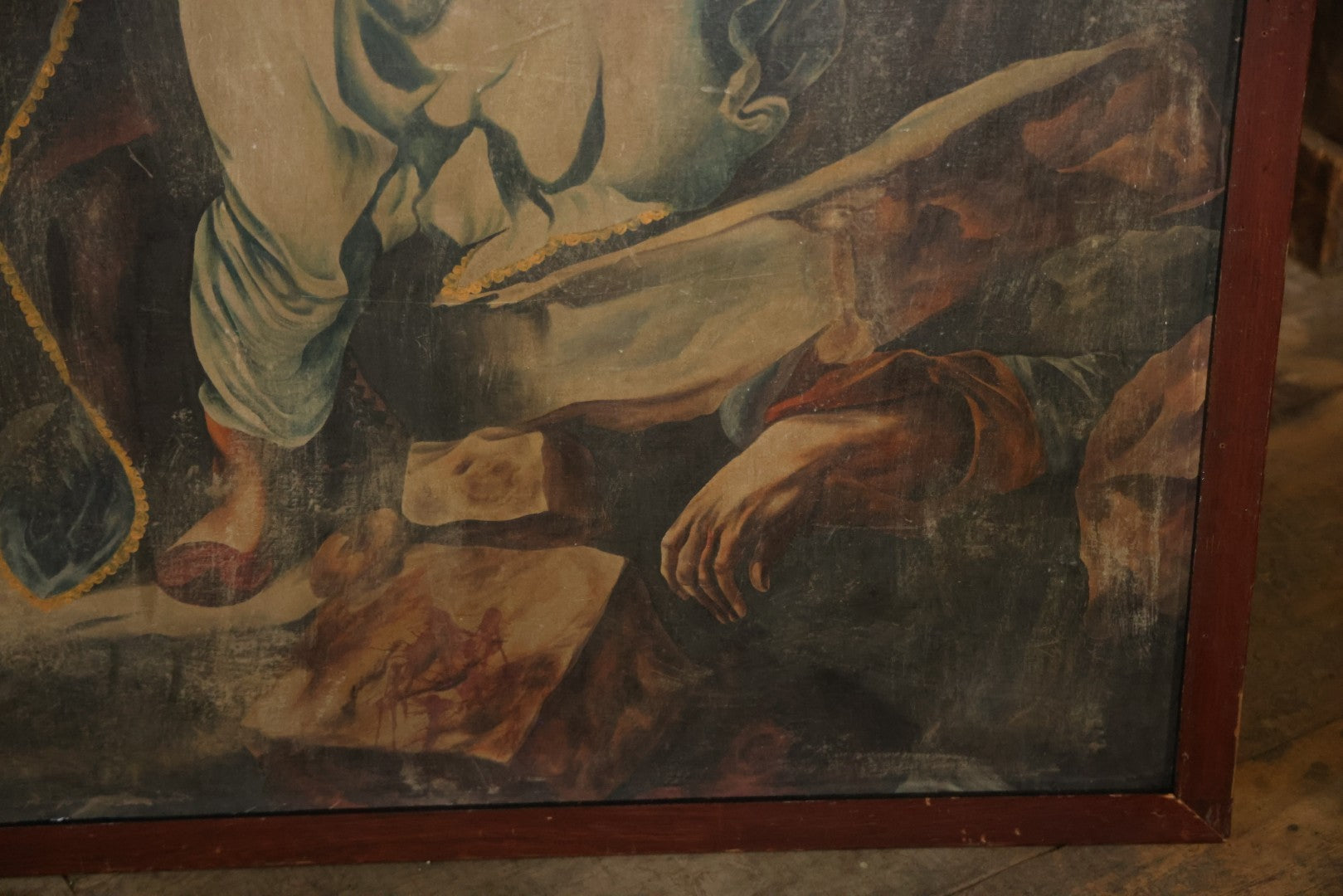 Oversized Oil On Canvas Folk Art Academic Allegorical Painting, After "Greece On The Ruins Of Missolonghi" (1826) By By French Painter Eugène Delacroix, In Custom Made Frame, Note Heavy Wear. 40-1/8" x 61-5/8"