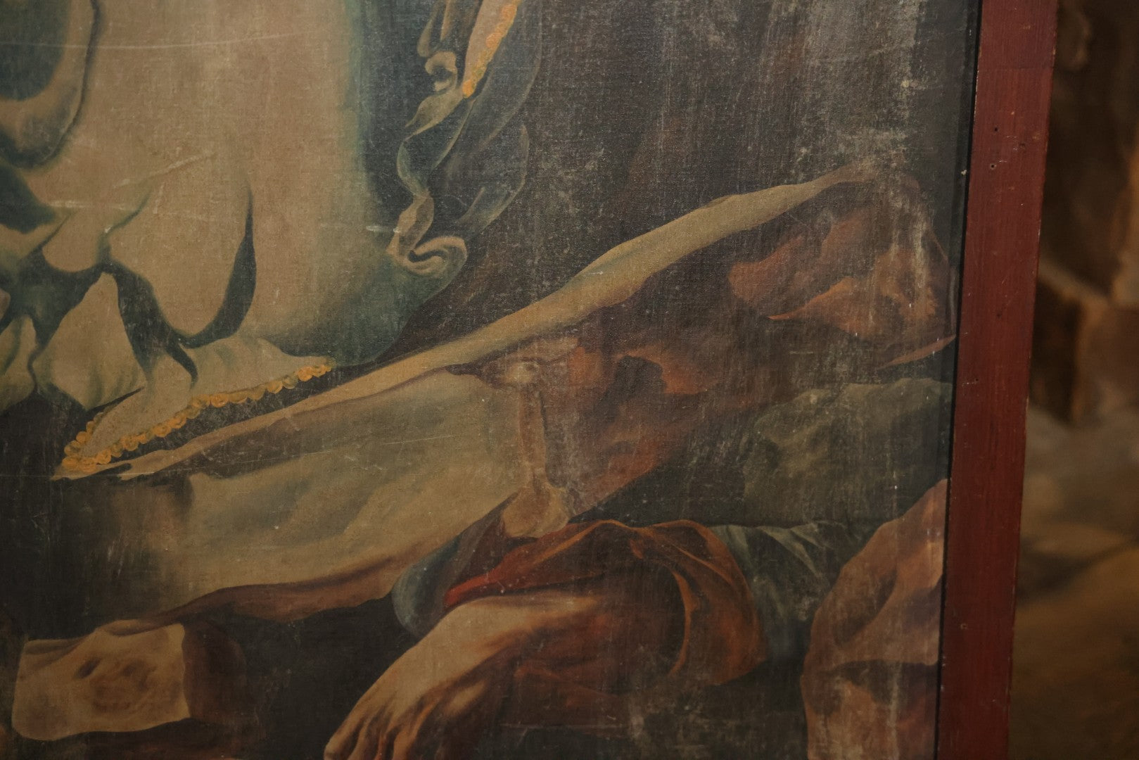 Oversized Oil On Canvas Folk Art Academic Allegorical Painting, After "Greece On The Ruins Of Missolonghi" (1826) By By French Painter Eugène Delacroix, In Custom Made Frame, Note Heavy Wear. 40-1/8" x 61-5/8"
