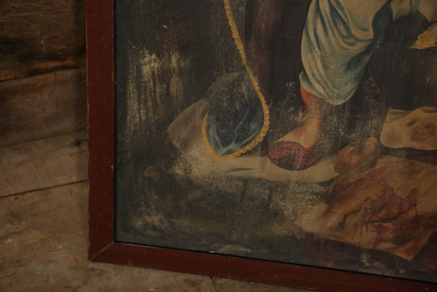 Oversized Oil On Canvas Folk Art Academic Allegorical Painting, After "Greece On The Ruins Of Missolonghi" (1826) By By French Painter Eugène Delacroix, In Custom Made Frame, Note Heavy Wear. 40-1/8" x 61-5/8"