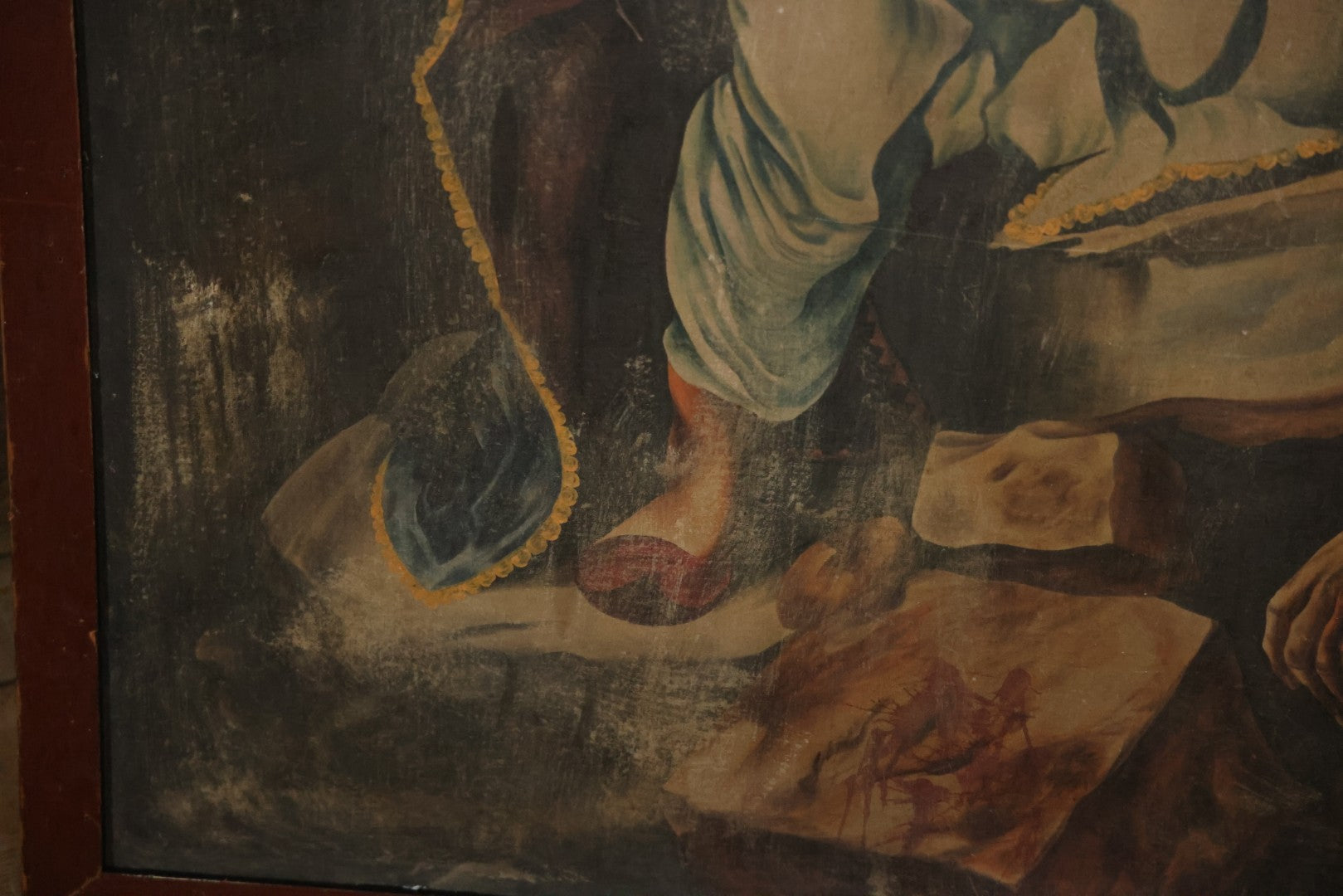 Oversized Oil On Canvas Folk Art Academic Allegorical Painting, After "Greece On The Ruins Of Missolonghi" (1826) By By French Painter Eugène Delacroix, In Custom Made Frame, Note Heavy Wear. 40-1/8" x 61-5/8"