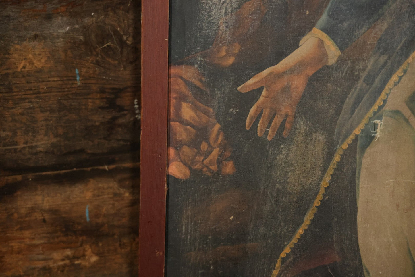 Oversized Oil On Canvas Folk Art Academic Allegorical Painting, After "Greece On The Ruins Of Missolonghi" (1826) By By French Painter Eugène Delacroix, In Custom Made Frame, Note Heavy Wear. 40-1/8" x 61-5/8"