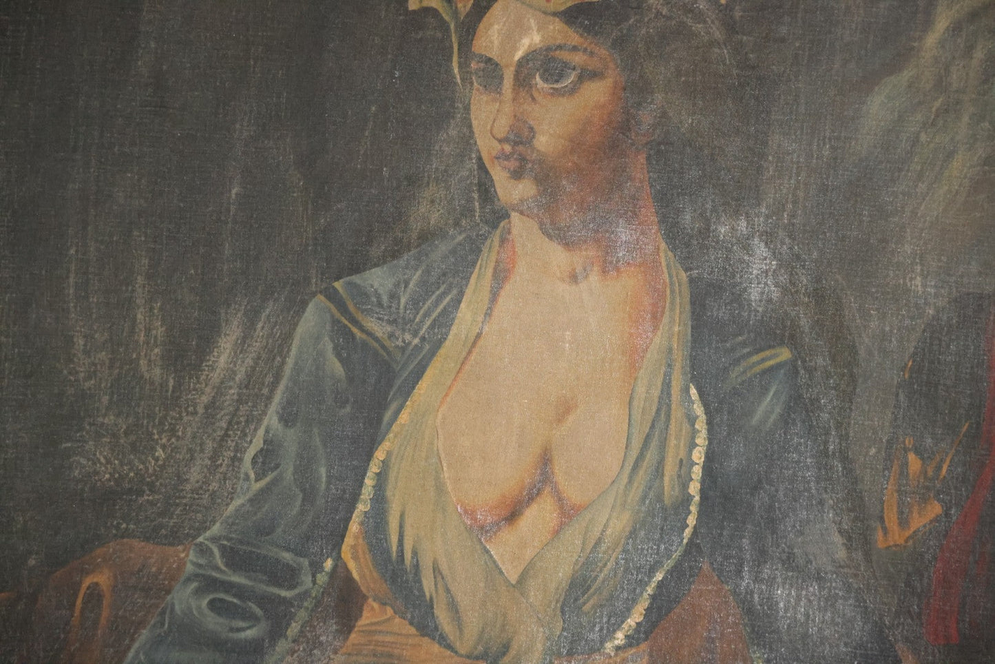 Oversized Oil On Canvas Folk Art Academic Allegorical Painting, After "Greece On The Ruins Of Missolonghi" (1826) By By French Painter Eugène Delacroix, In Custom Made Frame, Note Heavy Wear. 40-1/8" x 61-5/8"