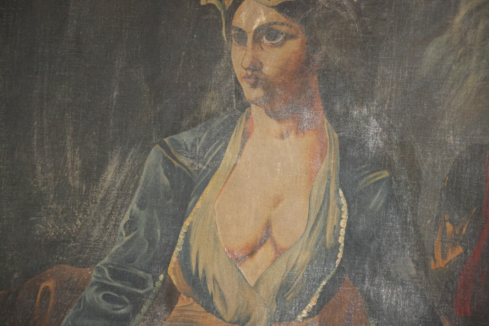 Oversized Oil On Canvas Folk Art Academic Allegorical Painting, After "Greece On The Ruins Of Missolonghi" (1826) By By French Painter Eugène Delacroix, In Custom Made Frame, Note Heavy Wear. 40-1/8" x 61-5/8"