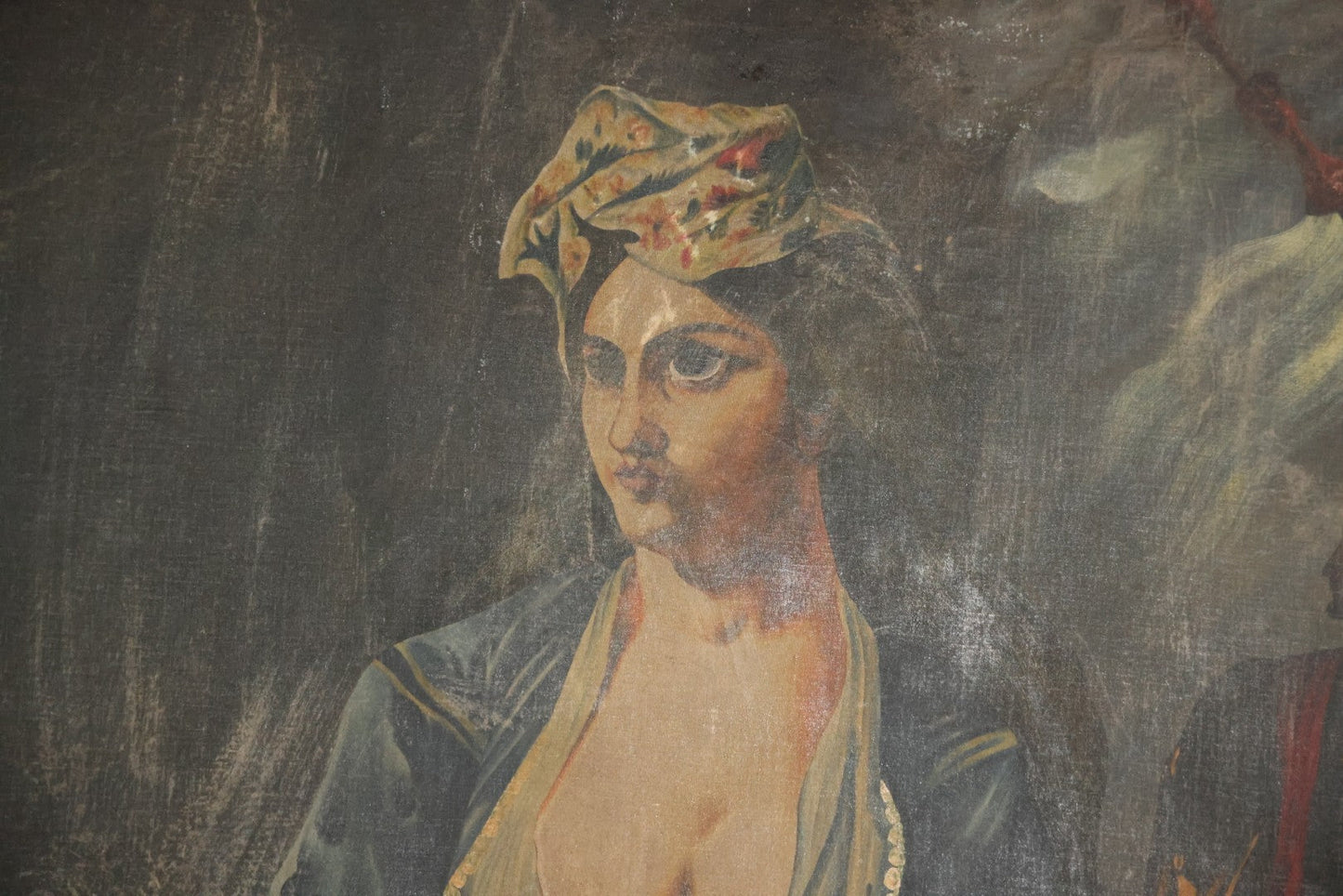 Oversized Oil On Canvas Folk Art Academic Allegorical Painting, After "Greece On The Ruins Of Missolonghi" (1826) By By French Painter Eugène Delacroix, In Custom Made Frame, Note Heavy Wear. 40-1/8" x 61-5/8"