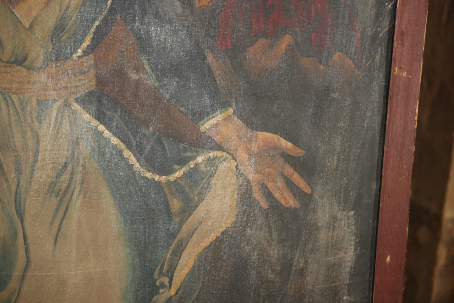 Oversized Oil On Canvas Folk Art Academic Allegorical Painting, After "Greece On The Ruins Of Missolonghi" (1826) By By French Painter Eugène Delacroix, In Custom Made Frame, Note Heavy Wear. 40-1/8" x 61-5/8"