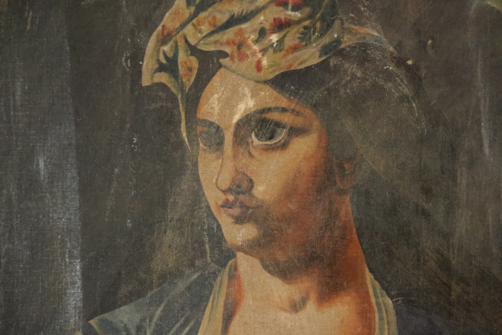 Oversized Oil On Canvas Folk Art Academic Allegorical Painting, After "Greece On The Ruins Of Missolonghi" (1826) By By French Painter Eugène Delacroix, In Custom Made Frame, Note Heavy Wear. 40-1/8" x 61-5/8"