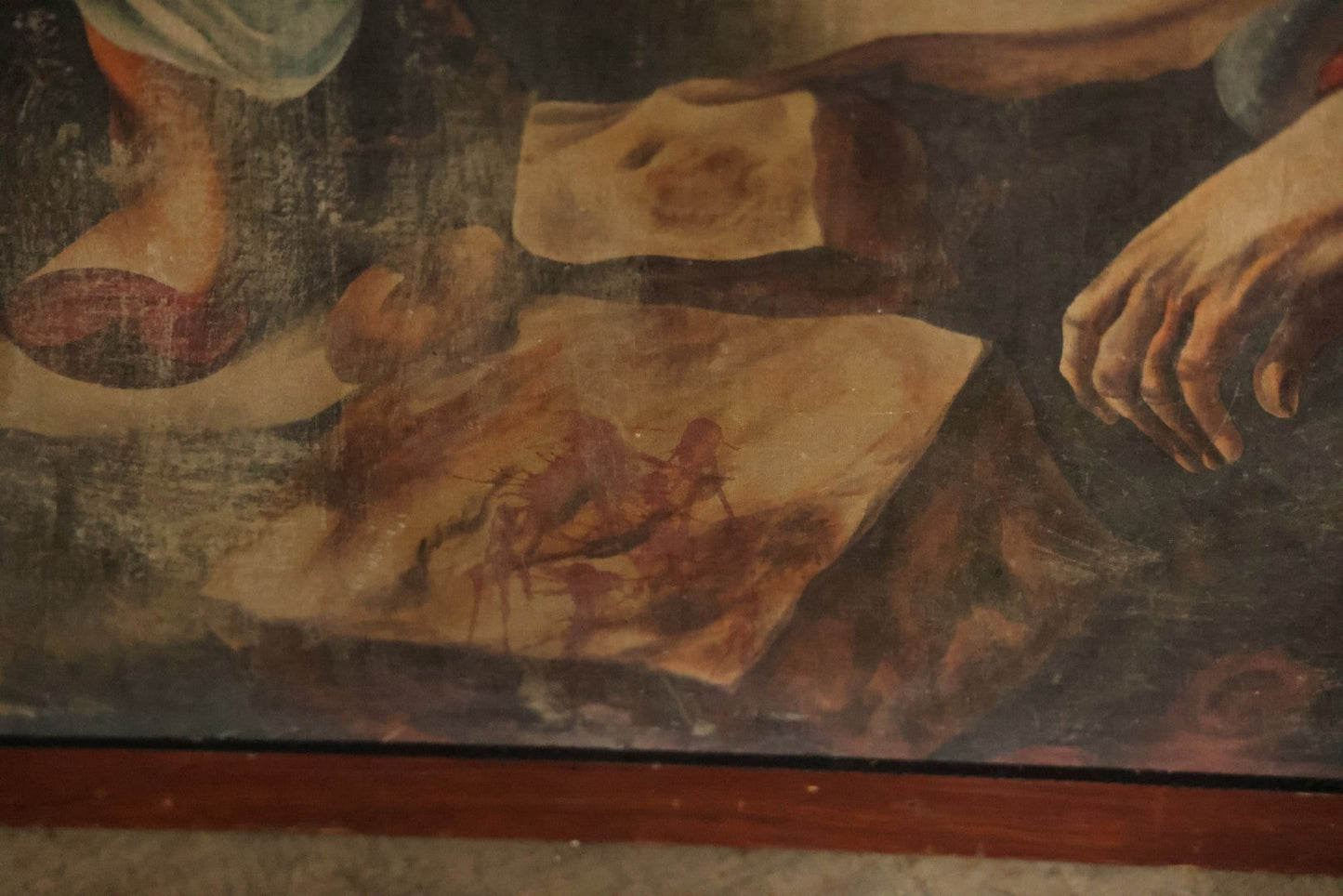 Oversized Oil On Canvas Folk Art Academic Allegorical Painting, After "Greece On The Ruins Of Missolonghi" (1826) By By French Painter Eugène Delacroix, In Custom Made Frame, Note Heavy Wear. 40-1/8" x 61-5/8"