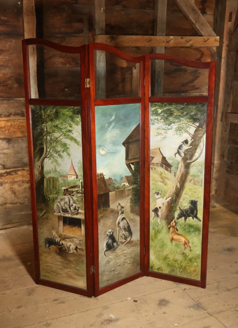 Antique Three Section Room Divider Screen With Hand Painted Scenes Of Dogs, Including Pitbull Dog And Her Pups, Two Dogs Looking At Moon, Three Dogs Chasing Cat Up Tree, Artist Signed E. Underwood, 1908, Landscape, Waterfall Scenes On Verso