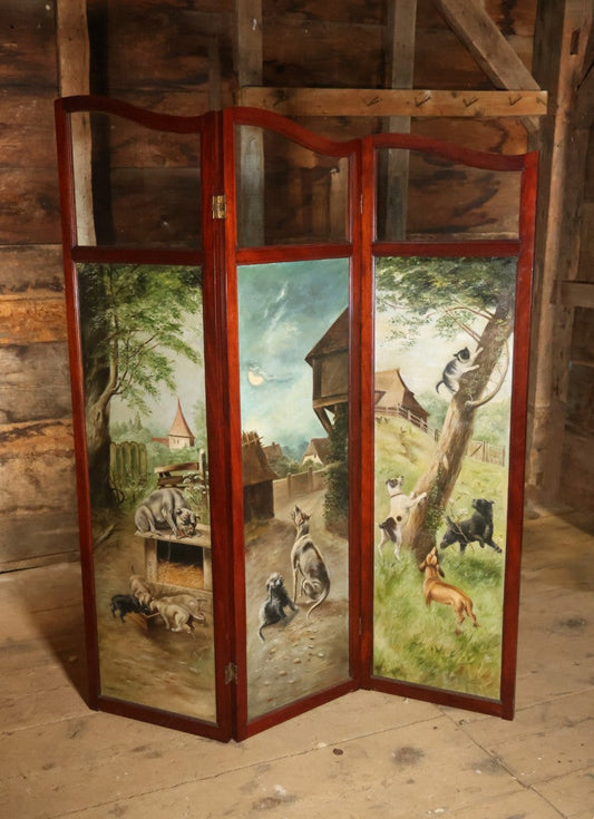 Antique Three Section Room Divider Screen With Hand Painted Scenes Of Dogs, Including Pitbull Dog And Her Pups, Two Dogs Looking At Moon, Three Dogs Chasing Cat Up Tree, Artist Signed E. Underwood, 1908, Landscape, Waterfall Scenes On Verso