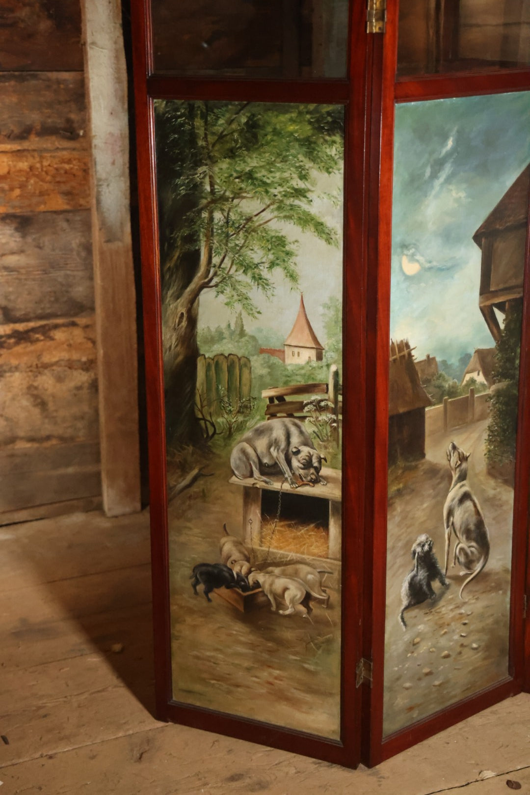 Antique Three Section Room Divider Screen With Hand Painted Scenes Of Dogs, Including Pitbull Dog And Her Pups, Two Dogs Looking At Moon, Three Dogs Chasing Cat Up Tree, Artist Signed E. Underwood, 1908, Landscape, Waterfall Scenes On Verso