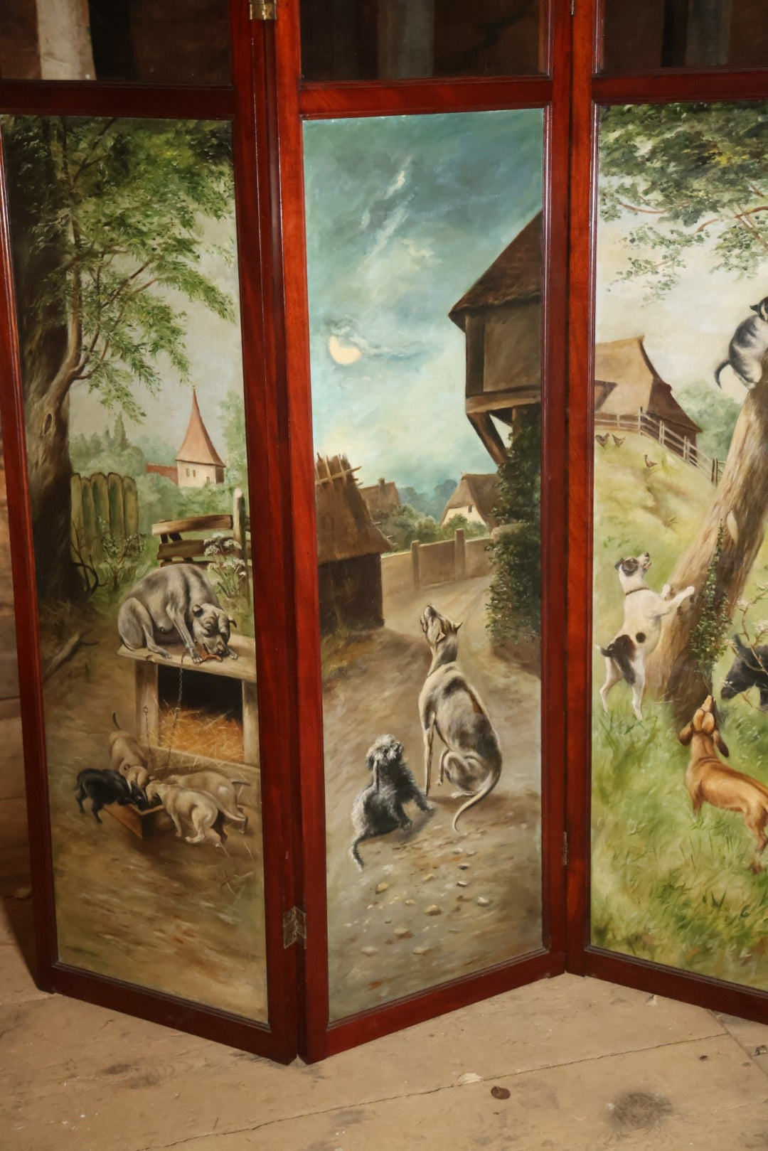 Antique Three Section Room Divider Screen With Hand Painted Scenes Of Dogs, Including Pitbull Dog And Her Pups, Two Dogs Looking At Moon, Three Dogs Chasing Cat Up Tree, Artist Signed E. Underwood, 1908, Landscape, Waterfall Scenes On Verso