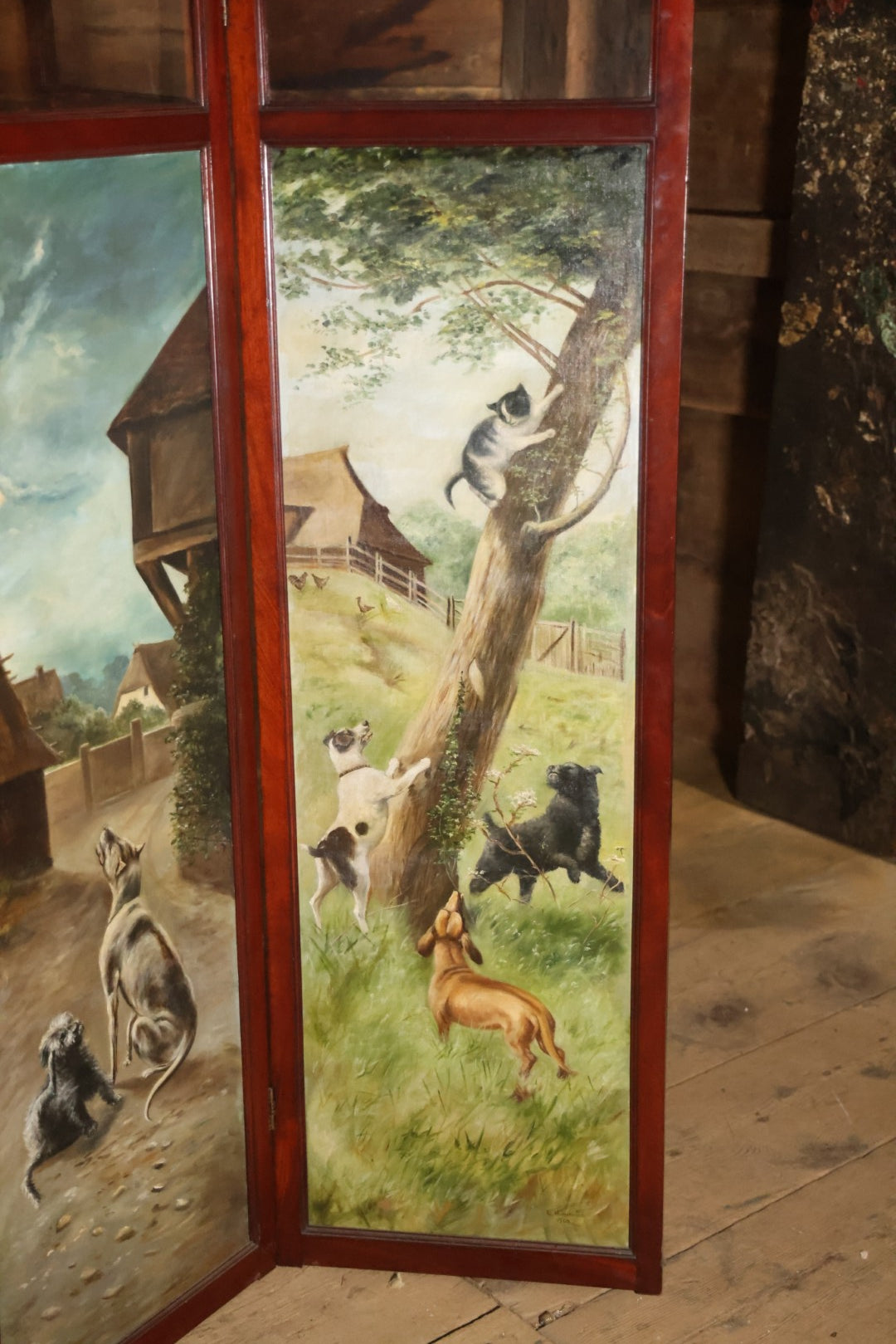 Antique Three Section Room Divider Screen With Hand Painted Scenes Of Dogs, Including Pitbull Dog And Her Pups, Two Dogs Looking At Moon, Three Dogs Chasing Cat Up Tree, Artist Signed E. Underwood, 1908, Landscape, Waterfall Scenes On Verso