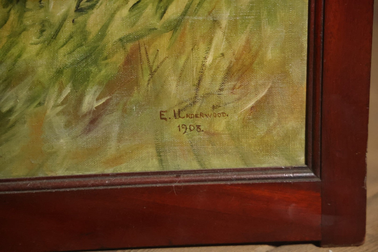 Antique Three Section Room Divider Screen With Hand Painted Scenes Of Dogs, Including Pitbull Dog And Her Pups, Two Dogs Looking At Moon, Three Dogs Chasing Cat Up Tree, Artist Signed E. Underwood, 1908, Landscape, Waterfall Scenes On Verso