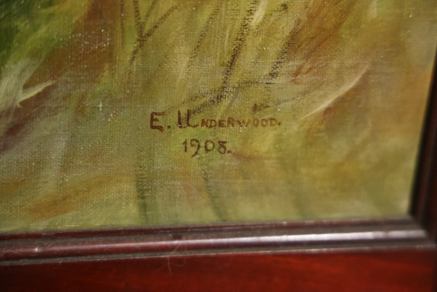 Antique Three Section Room Divider Screen With Hand Painted Scenes Of Dogs, Including Pitbull Dog And Her Pups, Two Dogs Looking At Moon, Three Dogs Chasing Cat Up Tree, Artist Signed E. Underwood, 1908, Landscape, Waterfall Scenes On Verso