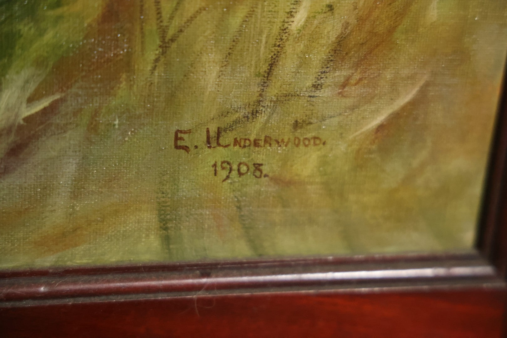 Antique Three Section Room Divider Screen With Hand Painted Scenes Of Dogs, Including Pitbull Dog And Her Pups, Two Dogs Looking At Moon, Three Dogs Chasing Cat Up Tree, Artist Signed E. Underwood, 1908, Landscape, Waterfall Scenes On Verso