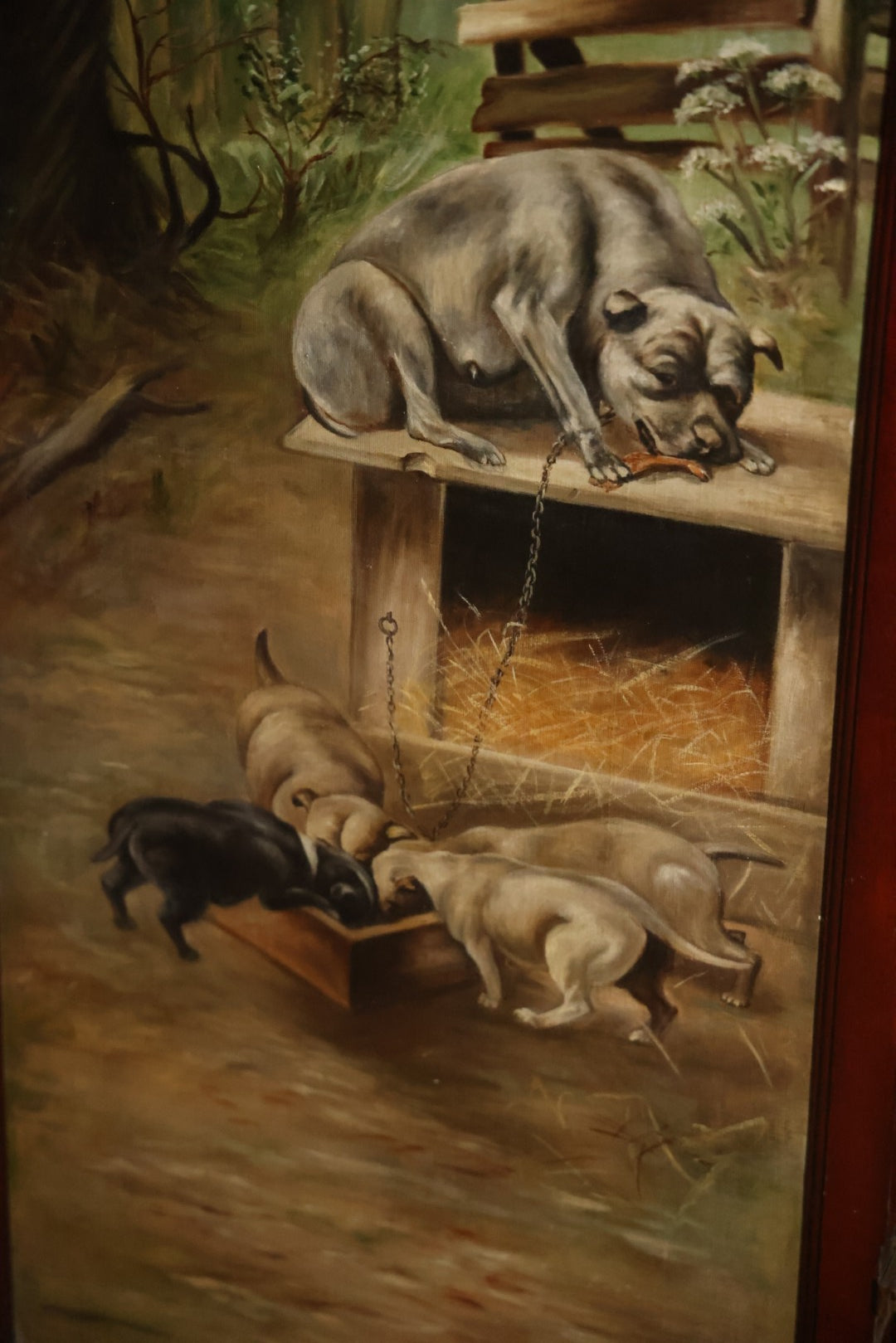 Antique Three Section Room Divider Screen With Hand Painted Scenes Of Dogs, Including Pitbull Dog And Her Pups, Two Dogs Looking At Moon, Three Dogs Chasing Cat Up Tree, Artist Signed E. Underwood, 1908, Landscape, Waterfall Scenes On Verso