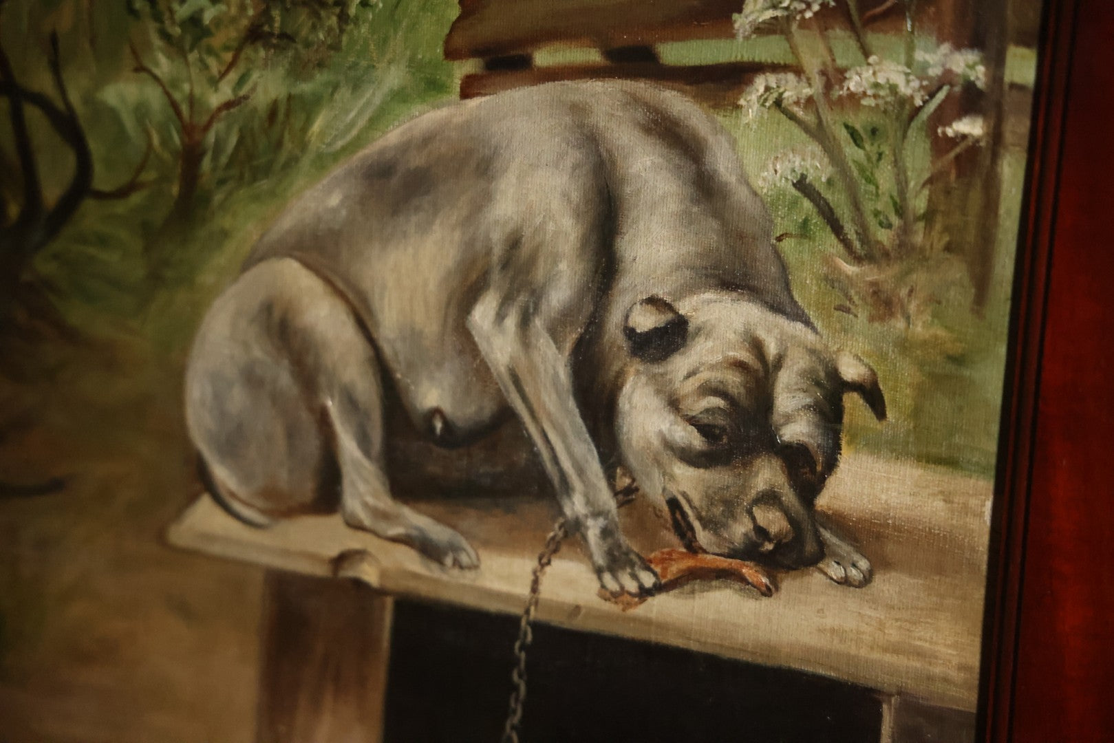 Antique Three Section Room Divider Screen With Hand Painted Scenes Of Dogs, Including Pitbull Dog And Her Pups, Two Dogs Looking At Moon, Three Dogs Chasing Cat Up Tree, Artist Signed E. Underwood, 1908, Landscape, Waterfall Scenes On Verso