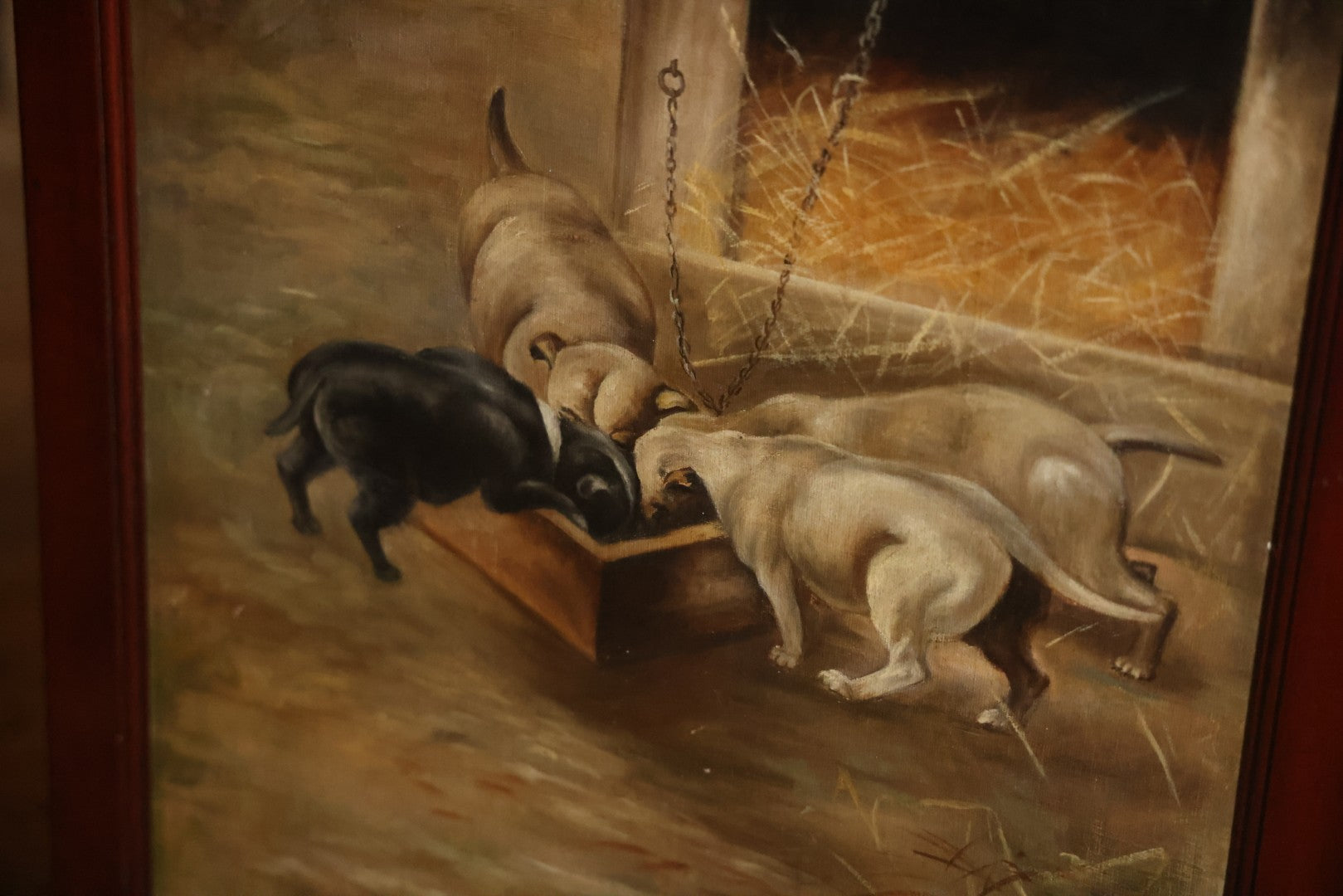 Antique Three Section Room Divider Screen With Hand Painted Scenes Of Dogs, Including Pitbull Dog And Her Pups, Two Dogs Looking At Moon, Three Dogs Chasing Cat Up Tree, Artist Signed E. Underwood, 1908, Landscape, Waterfall Scenes On Verso