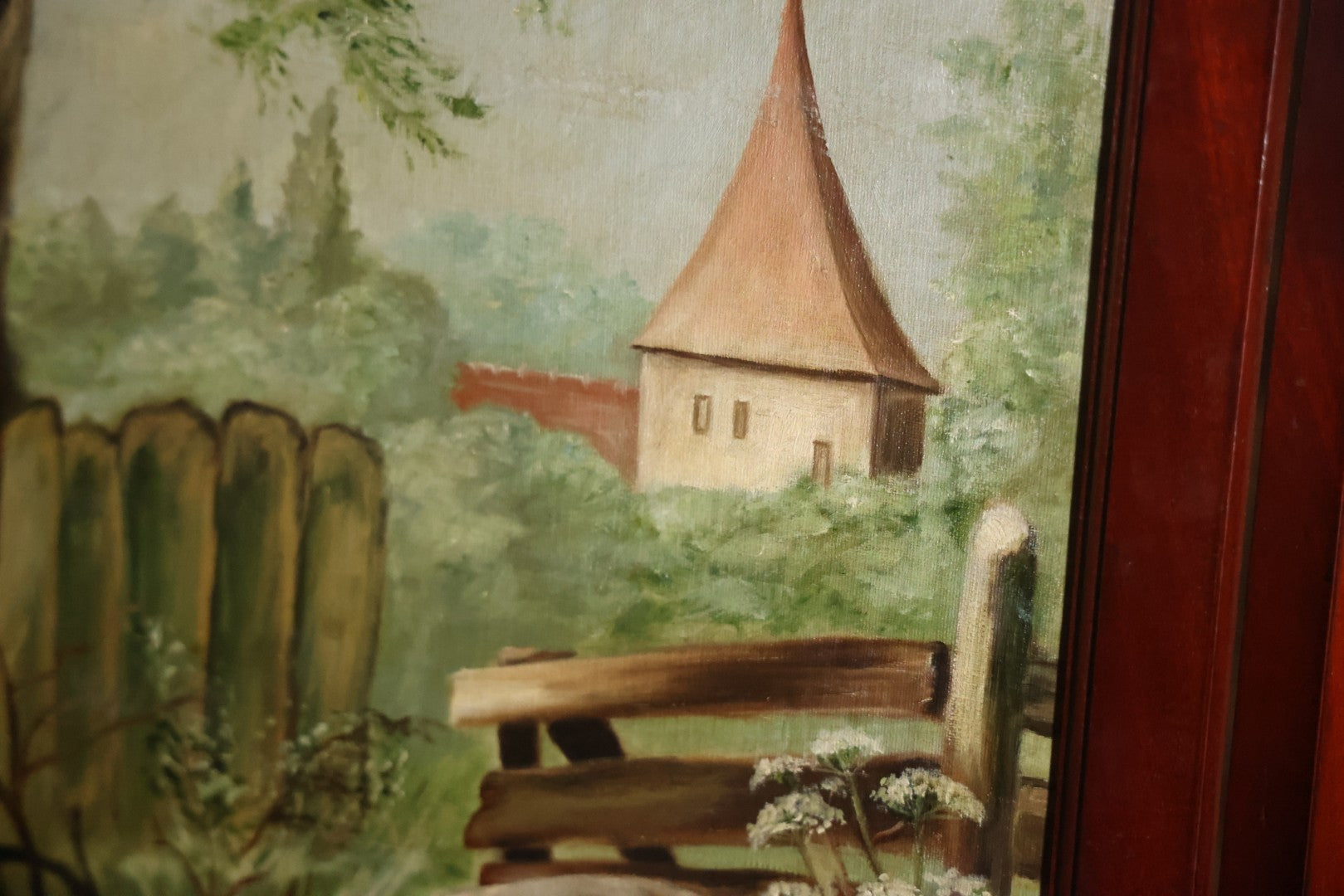 Antique Three Section Room Divider Screen With Hand Painted Scenes Of Dogs, Including Pitbull Dog And Her Pups, Two Dogs Looking At Moon, Three Dogs Chasing Cat Up Tree, Artist Signed E. Underwood, 1908, Landscape, Waterfall Scenes On Verso