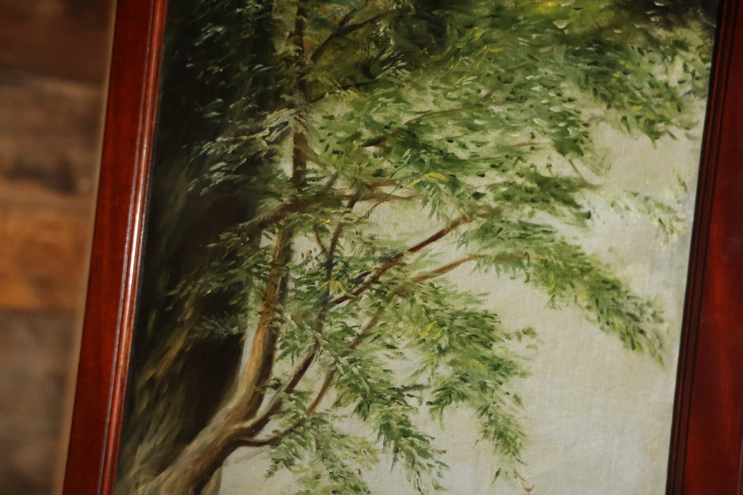 Antique Three Section Room Divider Screen With Hand Painted Scenes Of Dogs, Including Pitbull Dog And Her Pups, Two Dogs Looking At Moon, Three Dogs Chasing Cat Up Tree, Artist Signed E. Underwood, 1908, Landscape, Waterfall Scenes On Verso