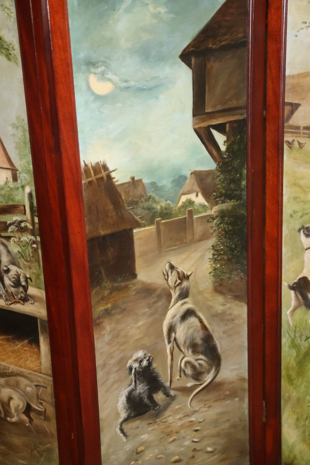 Antique Three Section Room Divider Screen With Hand Painted Scenes Of Dogs, Including Pitbull Dog And Her Pups, Two Dogs Looking At Moon, Three Dogs Chasing Cat Up Tree, Artist Signed E. Underwood, 1908, Landscape, Waterfall Scenes On Verso